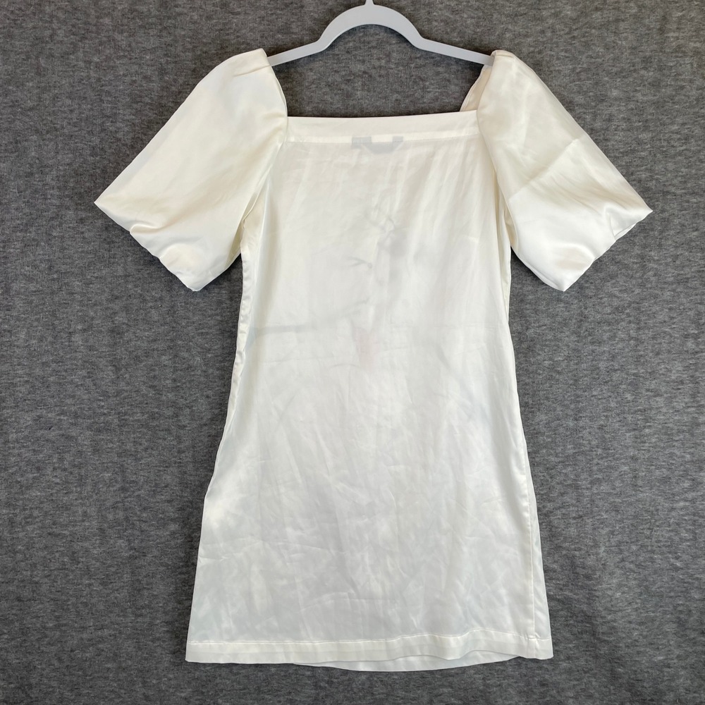 Artistic Silk Blend Graphic Mini Dress White Red Puff Sleeve Square Neck Small - Picture 2 of 7